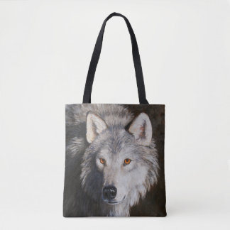 Gray Timber Wolf Face Tote Bag