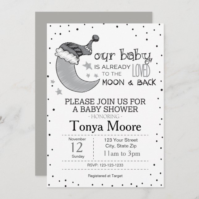 Gray To the Moon and Back Baby Shower Invite (Front/Back)