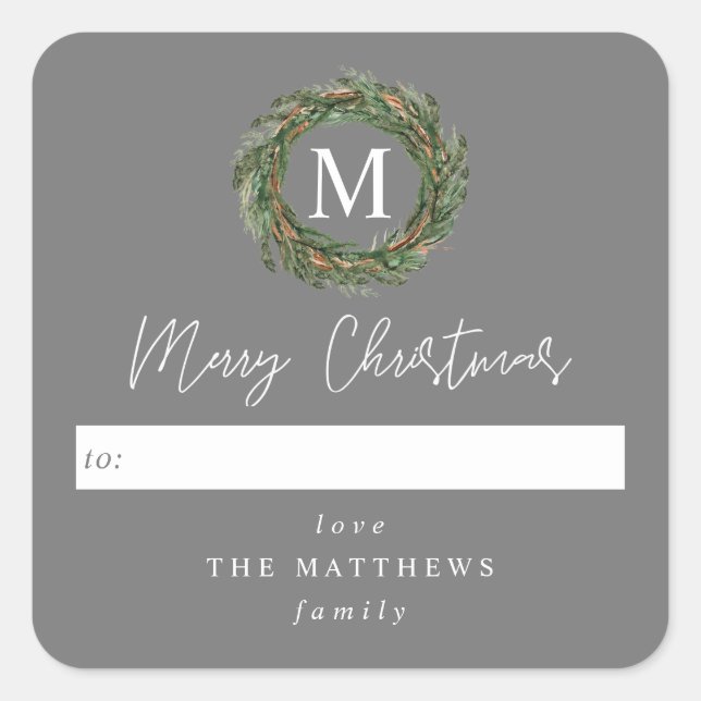 Gray To Wreath Monogram Merry Christmas Square Sticker (Front)