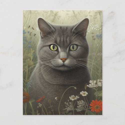 Gray Tom Cat In A Flower Garden Postcard
