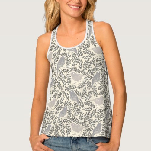 Gray Tones Bird and Leaf Pattern Tank Top