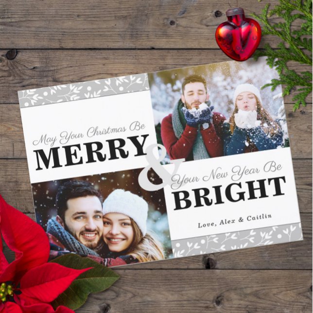 Gray Tones Christmas Greenery Pattern 2-Photo Card (Merry & Bright 2-Photo Holiday Card with Gray-Tone Typography )