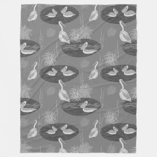 Gray Tones Cute Stork Birds Pattern Fleece Blanket