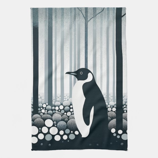 Gray Tones Dark Night Geometry Penguin Forest Kitchen Towel (Vertical)