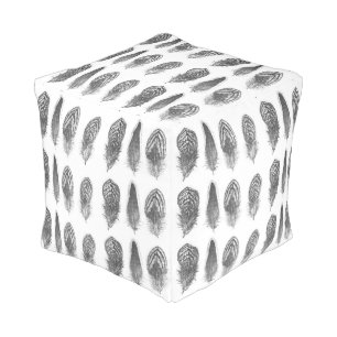Gray Tones Rustic Feather Vintage Modern Pattern Pouf