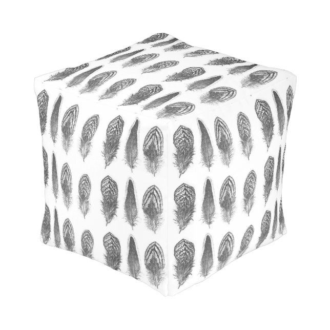 Gray Tones Rustic Feather Vintage Modern Pattern Pouf (Angled Front)