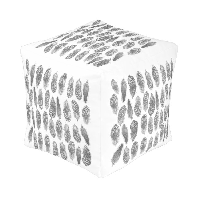 Gray Tones Rustic Feather Vintage Modern Pattern Pouf (Angled Front)
