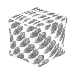 Gray Tones Rustic Feather Vintage Modern Pattern Pouf