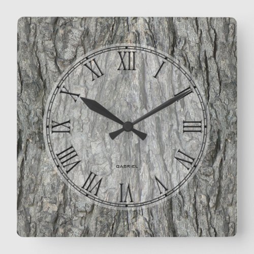 Gray Tones Rustic Wood Bark Square Wall Clock