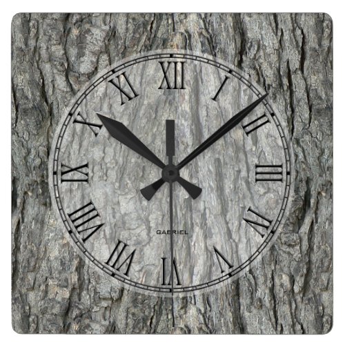 Gray Tones Rustic Wood Bark Square Wall Clocks