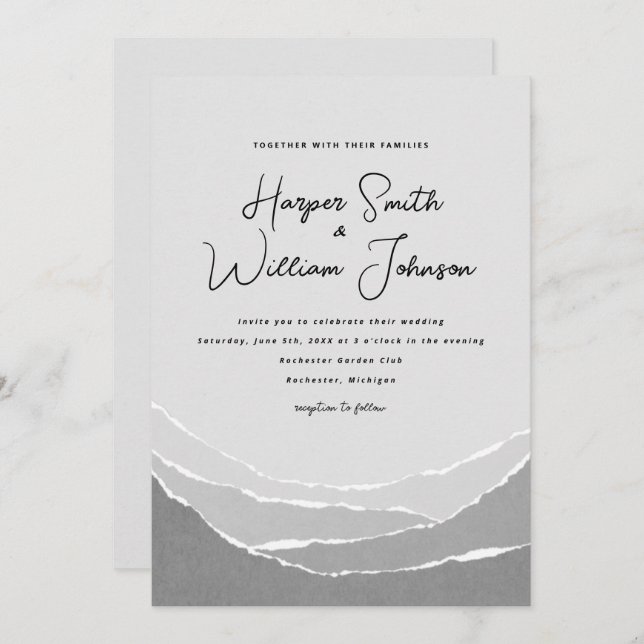 gray torn paper mountains wedding invitation (Front/Back)