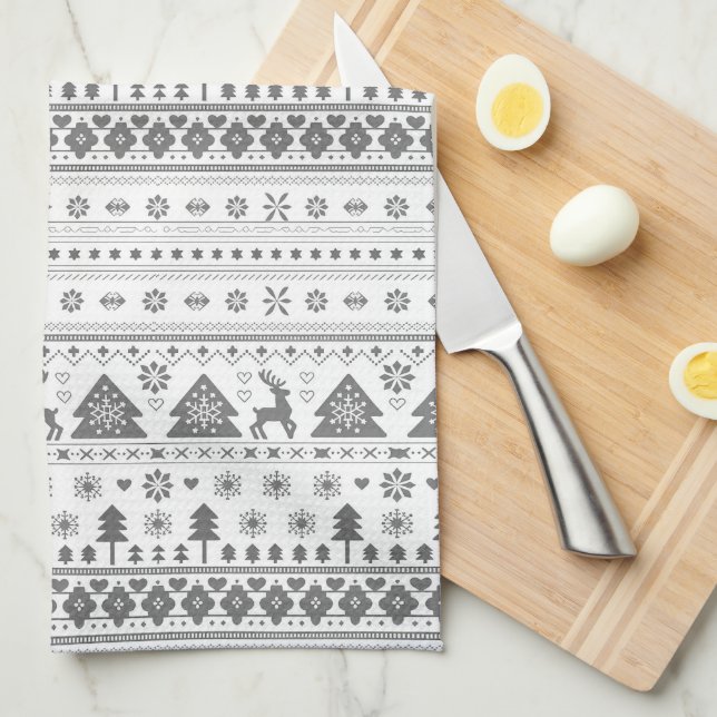 Gray Traditional Scandinavian Nordic Christmas Kitchen Towel (Quarter Fold)