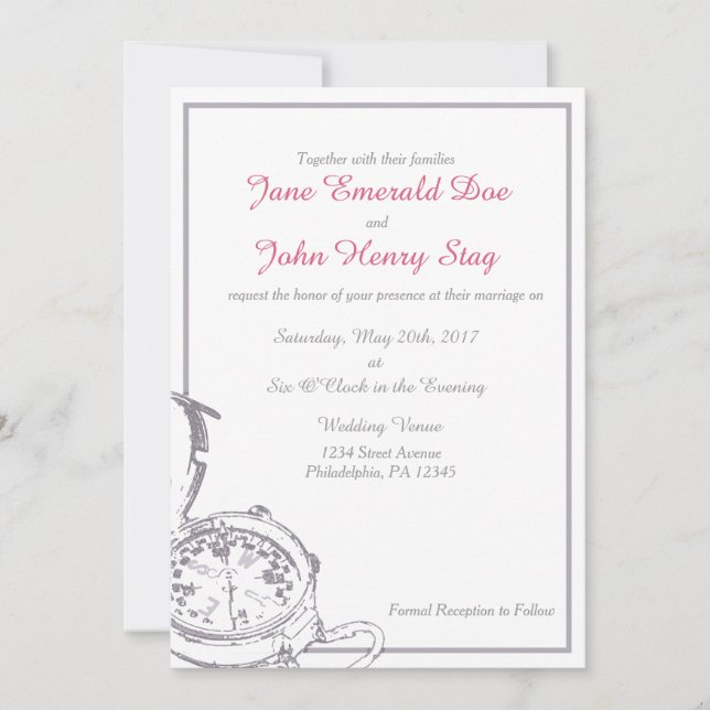 Gray Travel Compass Wedding Invitation (Front)