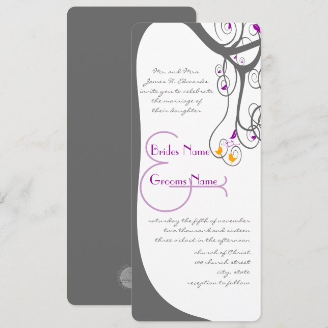 Gray Tree Plum Leave Love Birds Wedding Invitation (Front/Back)