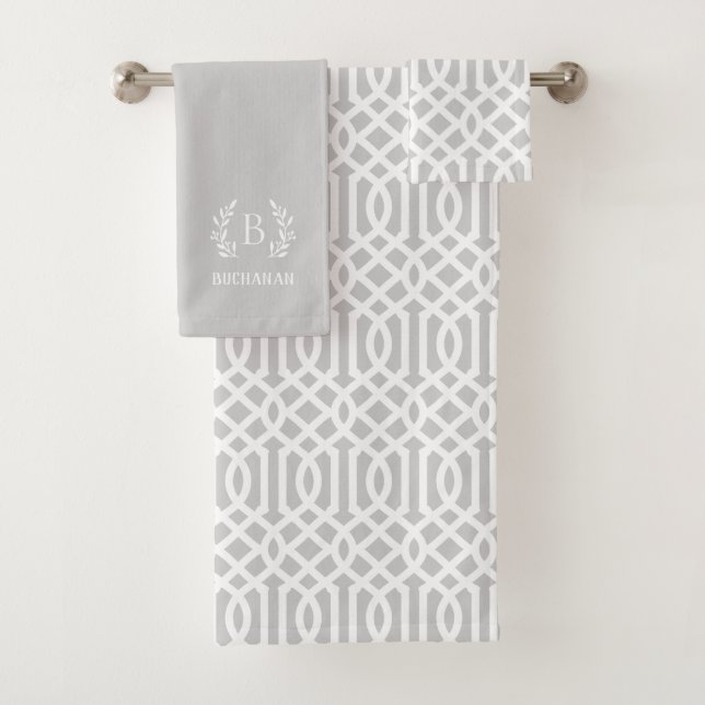 Gray Trellis and Branch Monogram Bath Towel Set (Insitu)