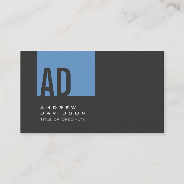 Gray Trendy Blue Stripe Monogram Business Card (Front)