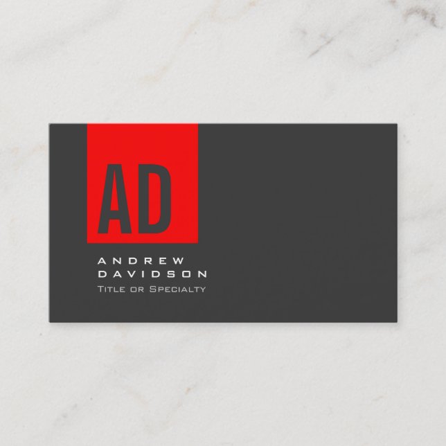 Gray Trendy Red Stripe Monogram Business Card (Front)