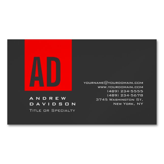 Gray Trendy Red Stripe Monogram Business Card (Front)
