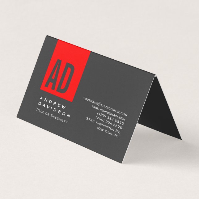 Gray Trendy Red Stripe Monogram Business Card (Front)