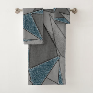 Gray triangle cutouts with rough dark blue pieces bath towel set