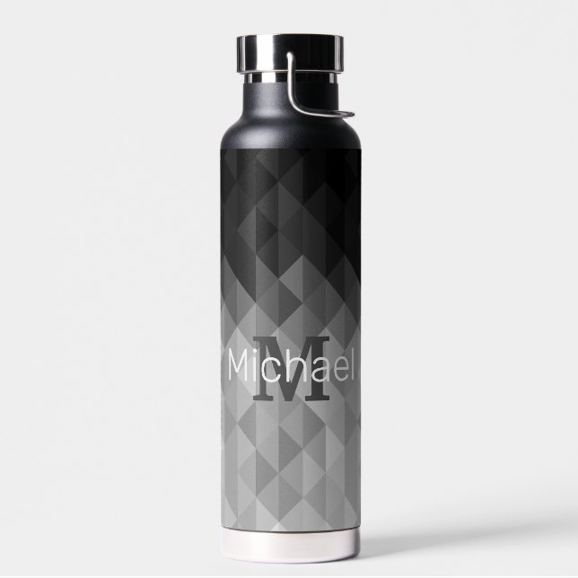 Gray triangle geometric squares ombre Monogram Water Bottle (Left)
