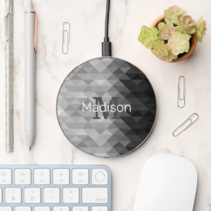 Gray triangle geometric squares ombre Monogram Wireless Charger