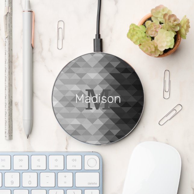 Gray triangle geometric squares ombre Monogram Wireless Charger (Desk)