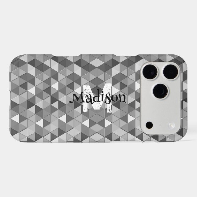 Gray triangle retro geometry pattern Monogram iPhone Case (Back Horizontal)