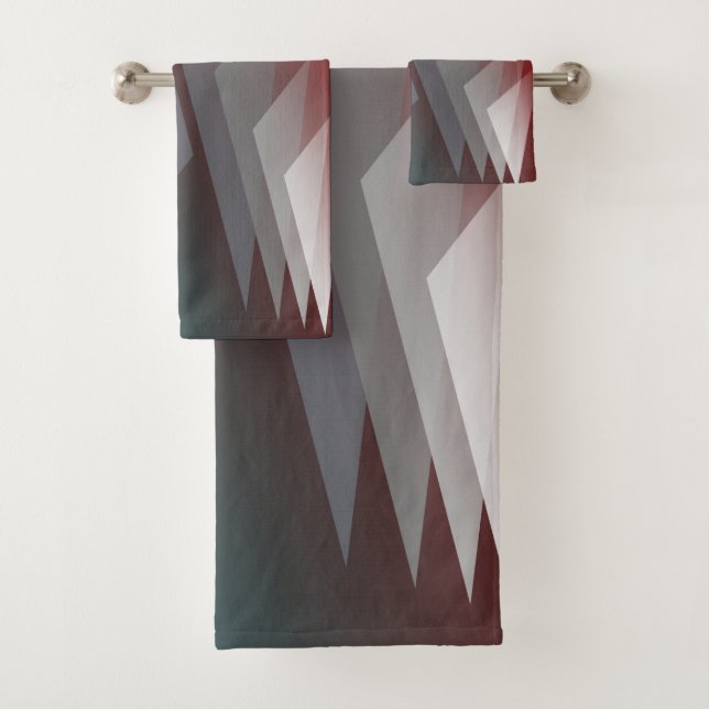 Gray triangles on teal burgundy bath towel set (Insitu)