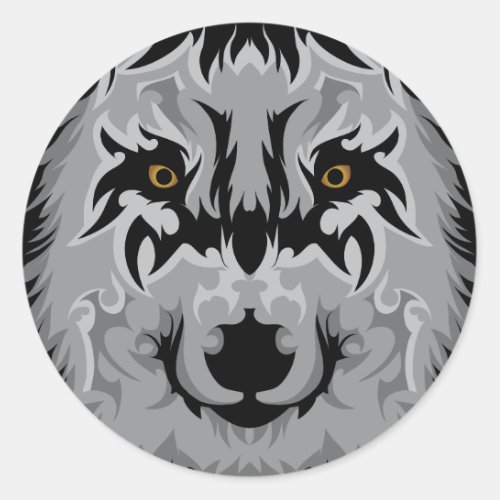 Gray Tribal Wolf Head Classic Round Sticker