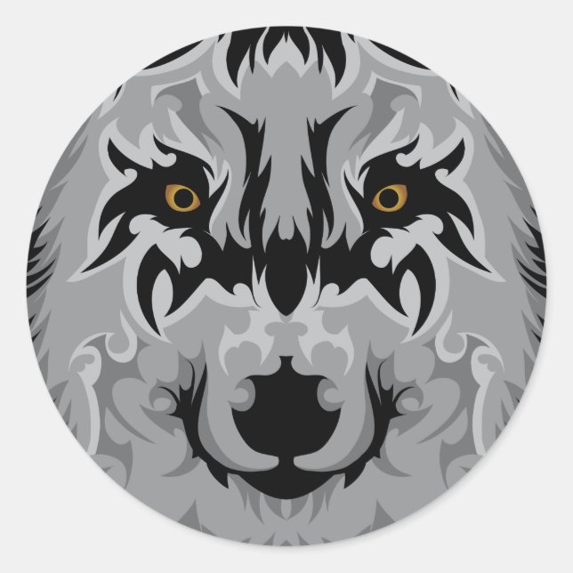 Gray Tribal Wolf Head Classic Round Sticker (Front)