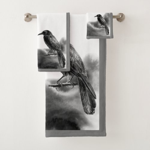 Gray Trim Black Birds _ Raven Bath Towel Set