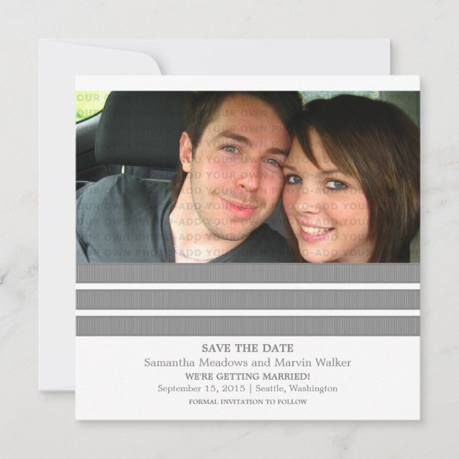 Gray Triple Stripe Photo Save the Date Invite (Front)