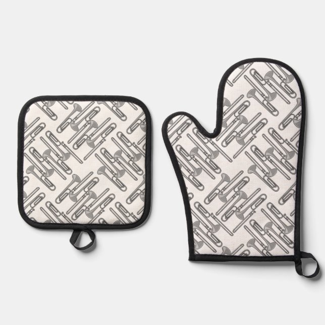 Gray Trombone Crosshatch Pattern Oven Mitt & Pot Holder Set (Front)