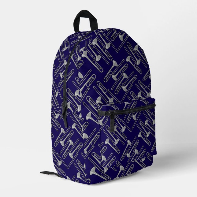 Gray Trombone Crosshatch Pattern Printed Backpack (Back Corner Left)