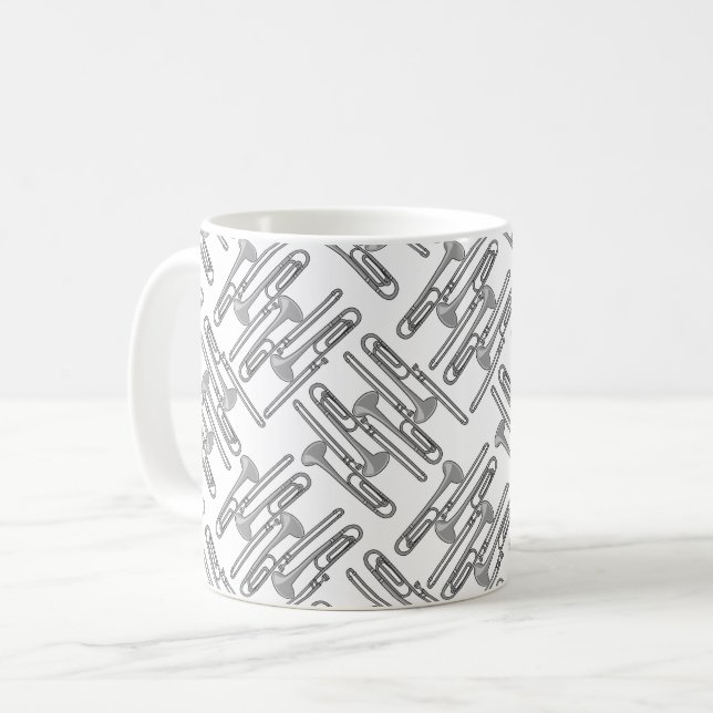 Gray Trombone Crosshatch White Pattern Coffee Mug (Front Left)