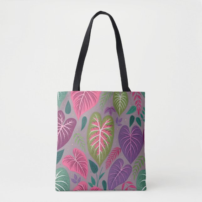 Gray Tropical Heart Leaf Pattern Tote Bag (Front)