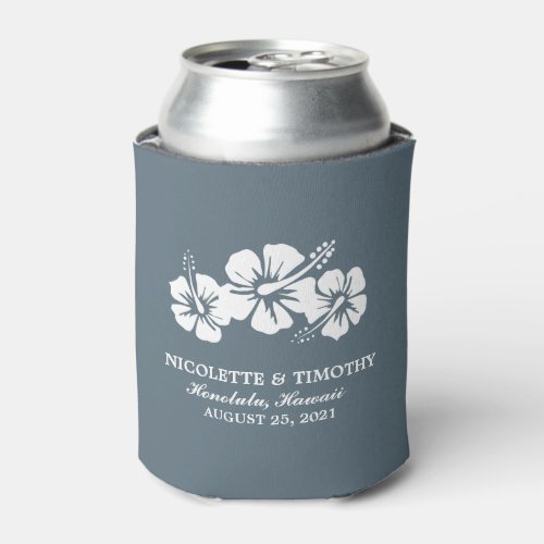 Gray Tropical Hibiscus Flowers Destination Wedding Can Cooler