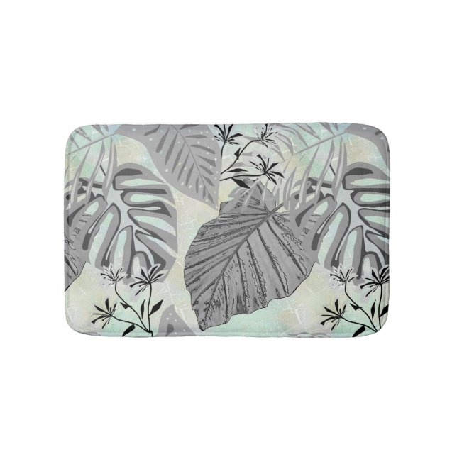 Gray tropical leaves and flowers. bath mat (Front)