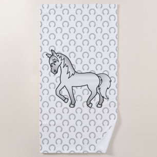 Gray Trotting Horse Cute Cartoon Illustration Beach Towel