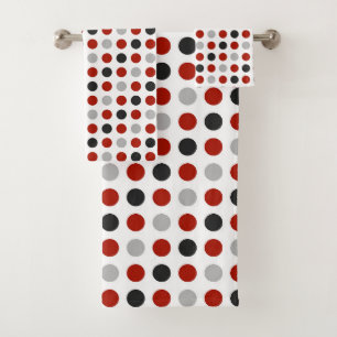 gray, turkey red and white dots bath towel set