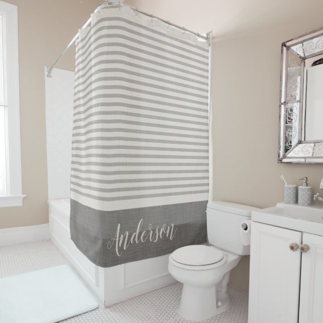 Gray Turkish Stripes Monogram | Farmhouse Bath Shower Curtain (In Situ)
