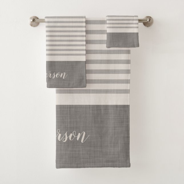 Gray Turkish Stripes Monogram | Farmhouse Bath Towel Set (Insitu)