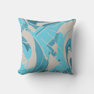 Gray Turquoise Aqua Mediterranean Lush Leaf Motif Throw Pillow