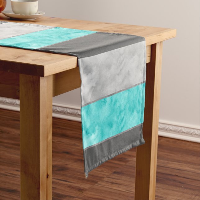 Gray Turquoise Block Stripes Short Table Runner (In Situ)