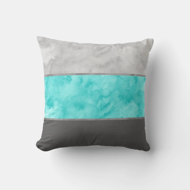Gray Turquoise Block Stripes Throw Pillow (Front)