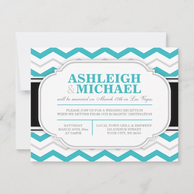 Gray & Turquoise Chevron Wedding Reception ONLY Invitation (Front)