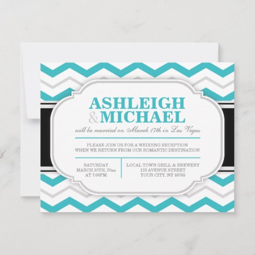 Gray &amp; Turquoise Chevron Wedding Reception ONLY Personalized Announcement