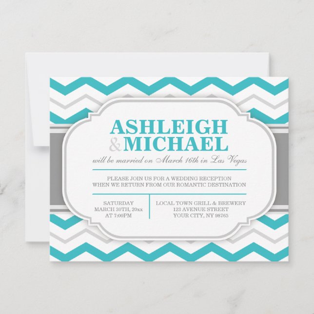 Gray & Turquoise Chevron Wedding Reception ONLY Invitation (Front)
