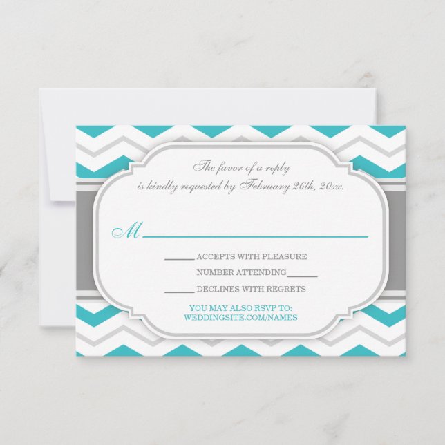 Gray Turquoise Chevron Wedding Reception RSVP Card (Front)